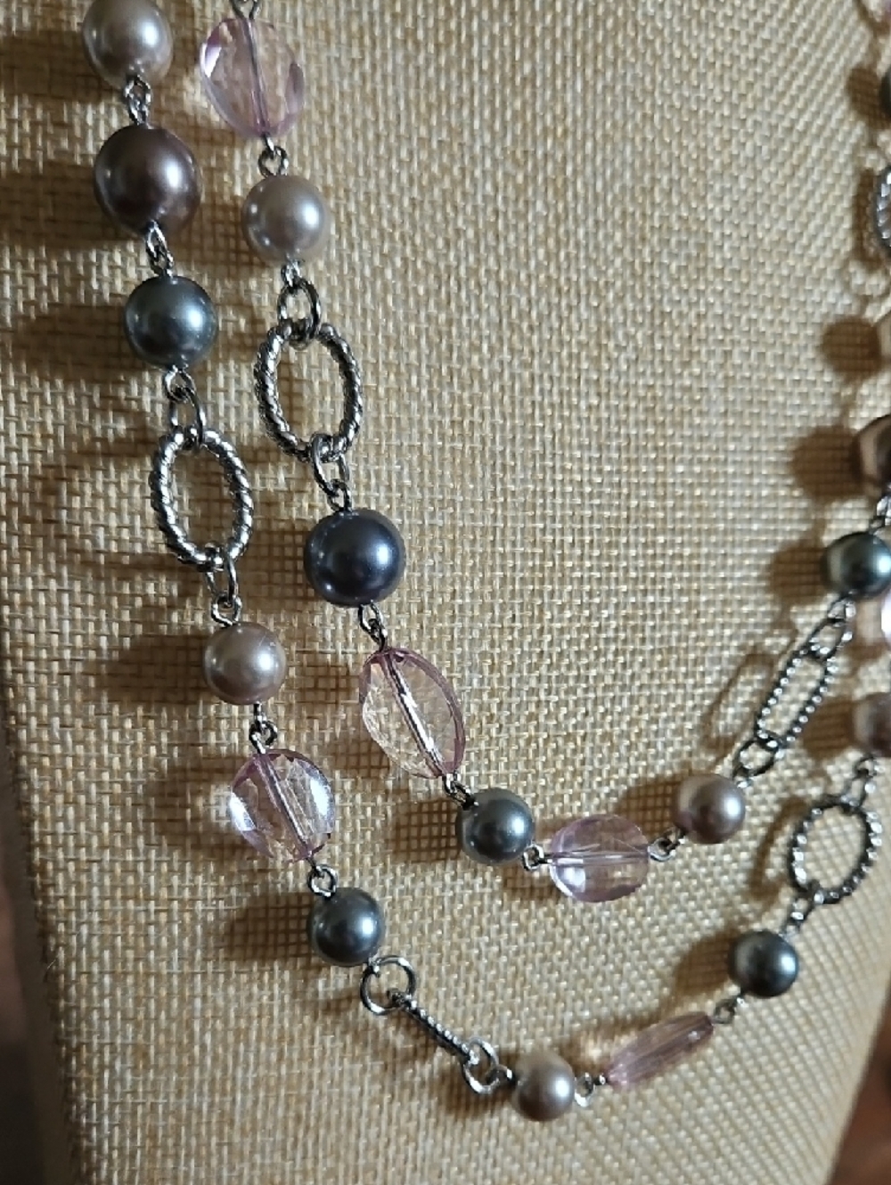 Premier Designs Pink and Gray Bead & Faux Pearl Necklace - Picture 3 of 6